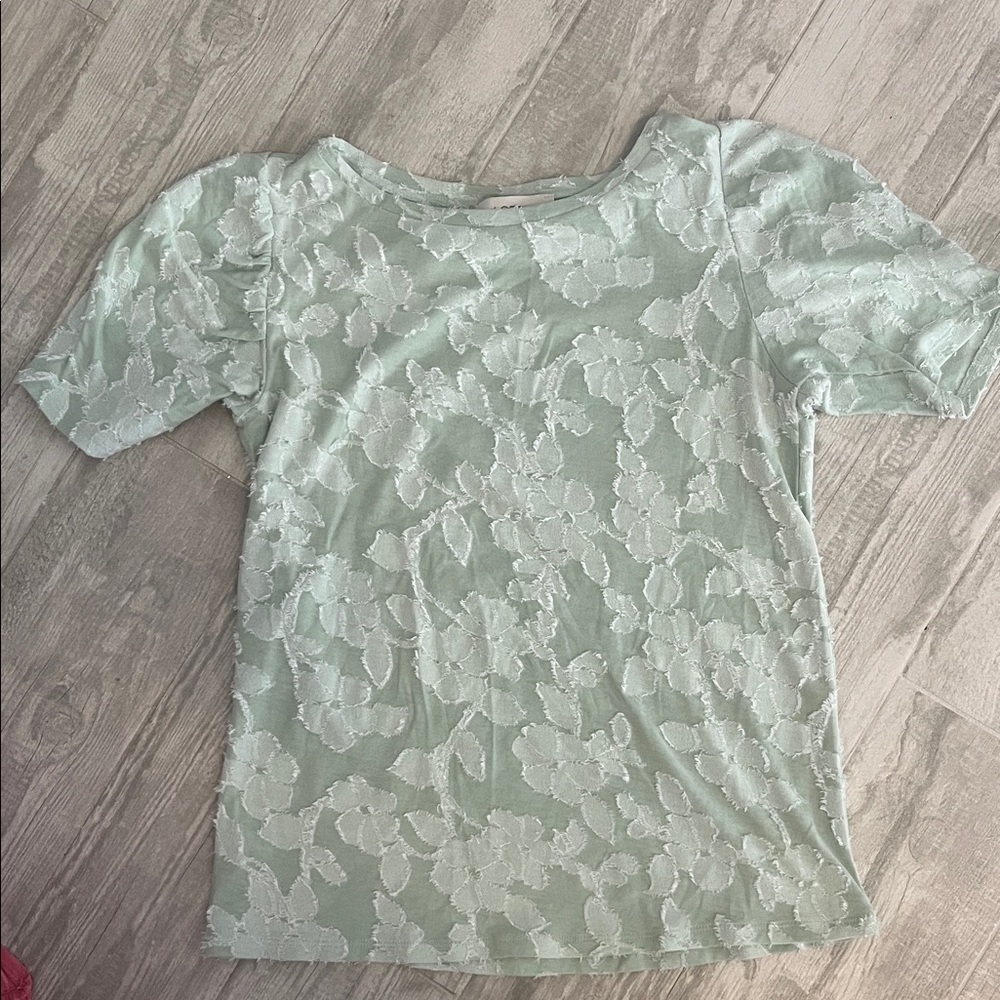 LOFT Light Green Floral Lace Short Sleeve Top